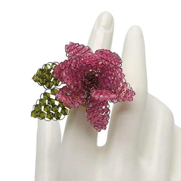 MINDY LAM Pink Green Swarovski Beaded Flower HTF Retired Ring Size 5 - Picture 1 of 5